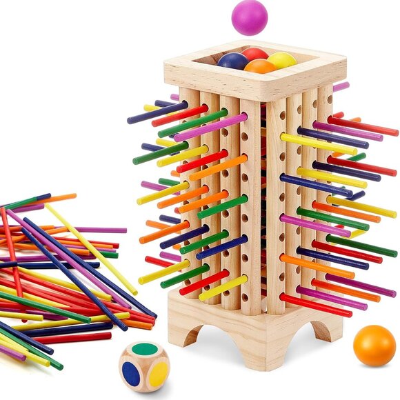 Montessori Game with Colorful Wooden Sticks Tower Dice Ball Wooden Board Games - Picture 2 of 11